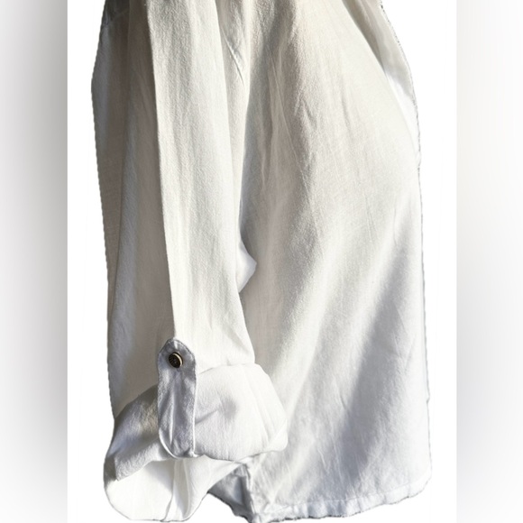 Organic Linen Cotton Blend Boho White Relaxed Fit Shirt | Adjustable Sleeves - Picture 9 of 11